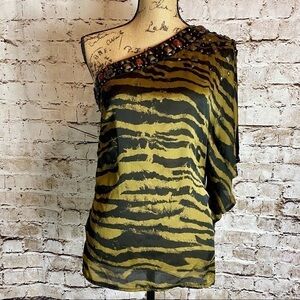 +Bebe Womens Blouse Green Black Zebra Print SZ S